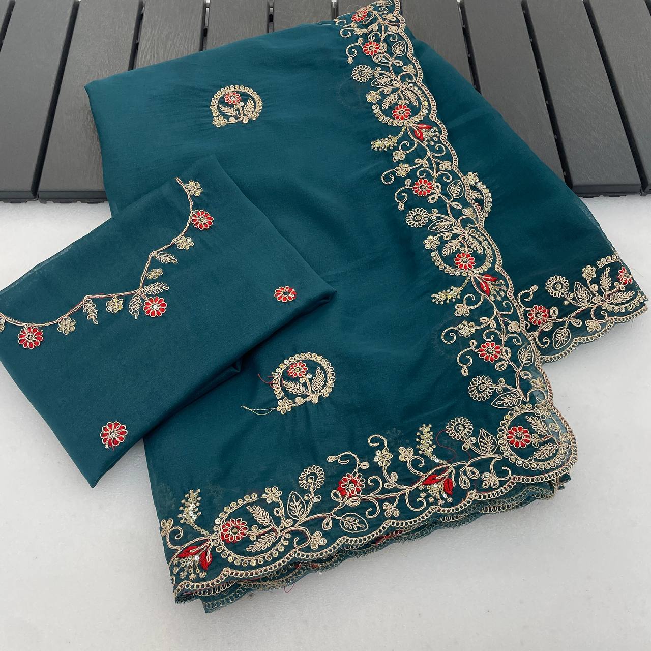 Teal Pure Star Georgette Silk Saree with Sequence Thread Coding Embroidery