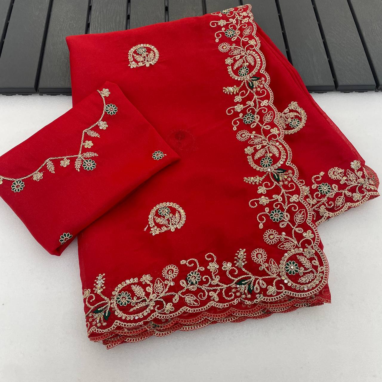 Red Pure Star Georgette Silk Saree with Sequence Thread Coding Embroidery