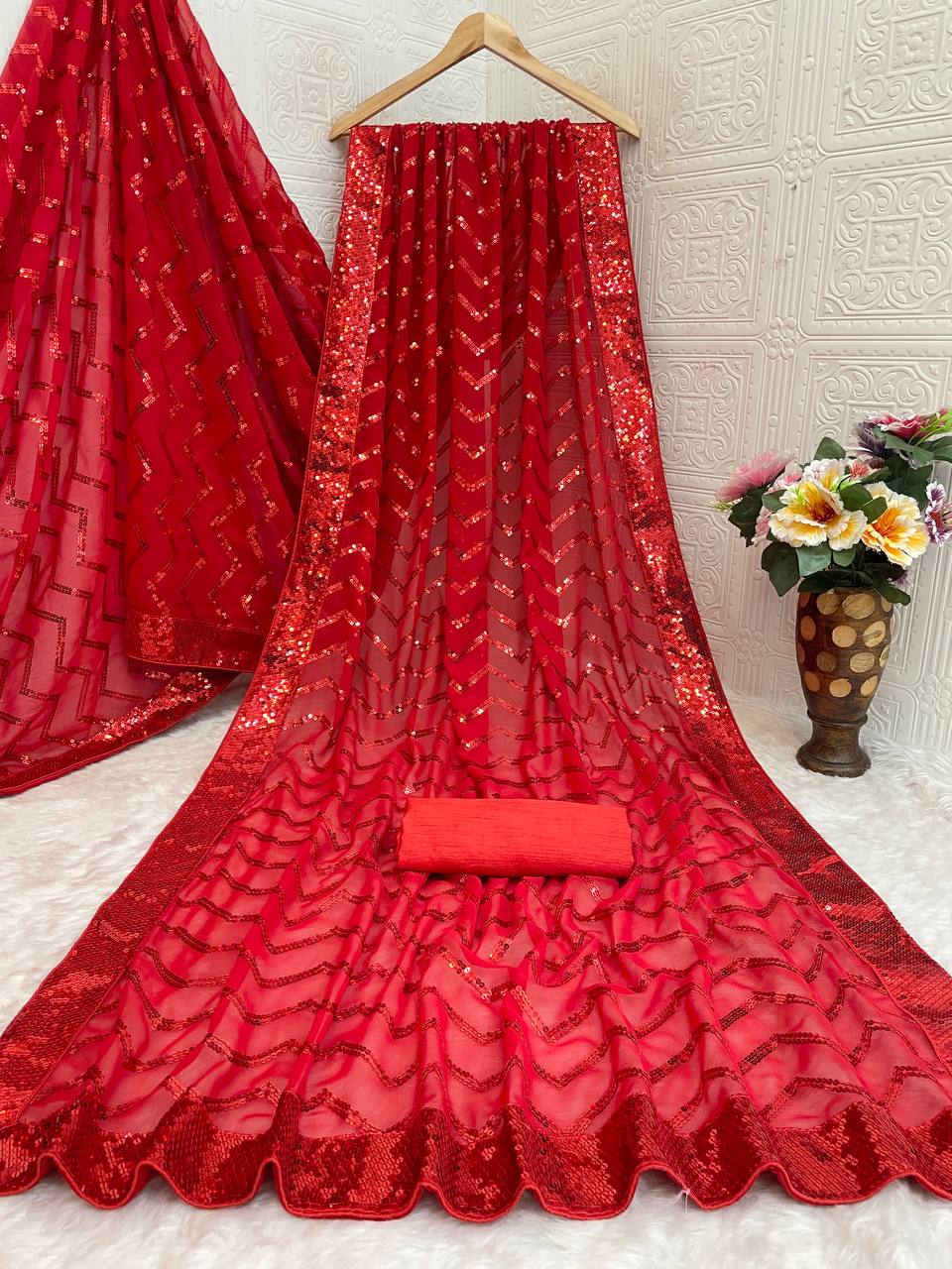 Red Georgette Silk Saree with 5mm Sequence Zig Zag Pattern & Lace Border