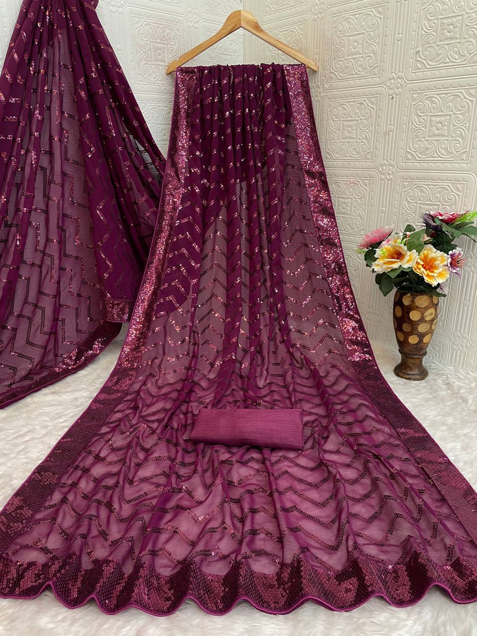 Wine Georgette Silk Saree with 5mm Sequence Zig Zag Pattern & Lace Border
