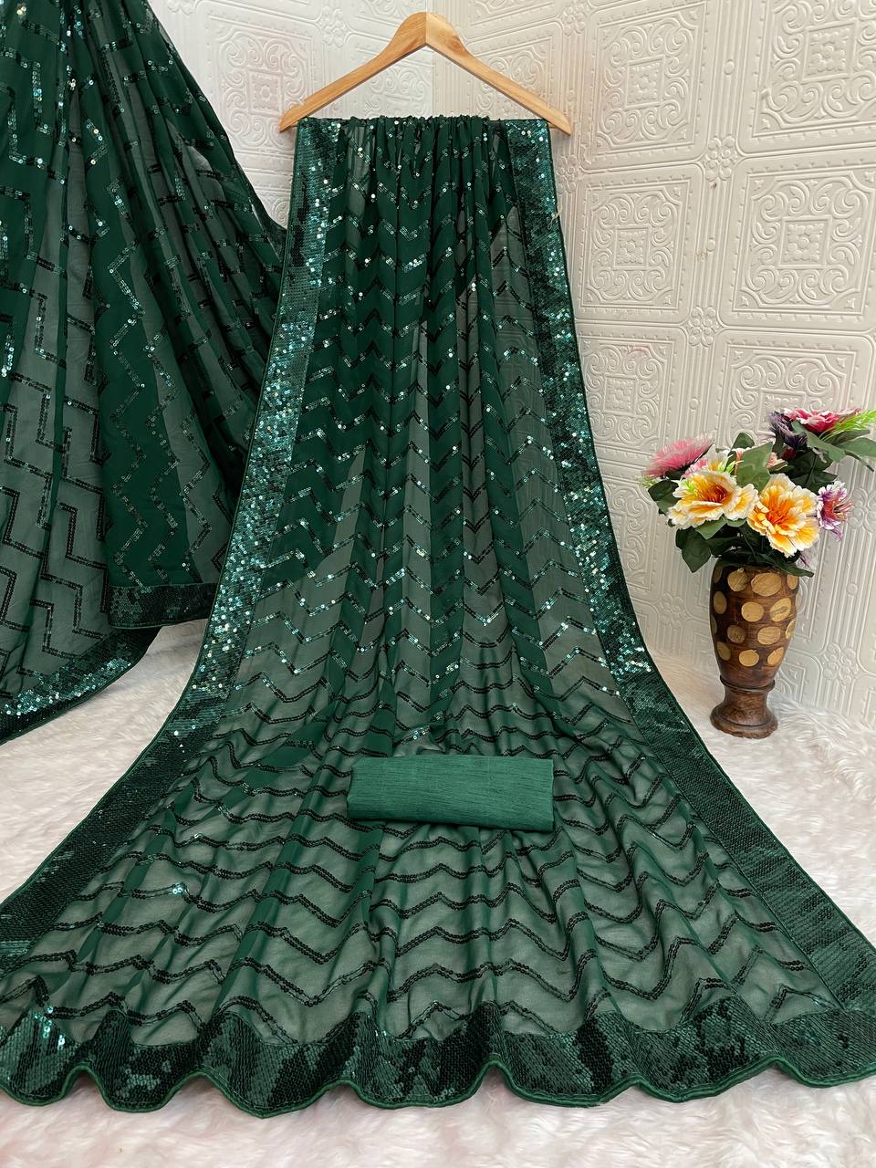 Dark Green Georgette Silk Saree with 5mm Sequence Zig Zag Pattern & Lace Border