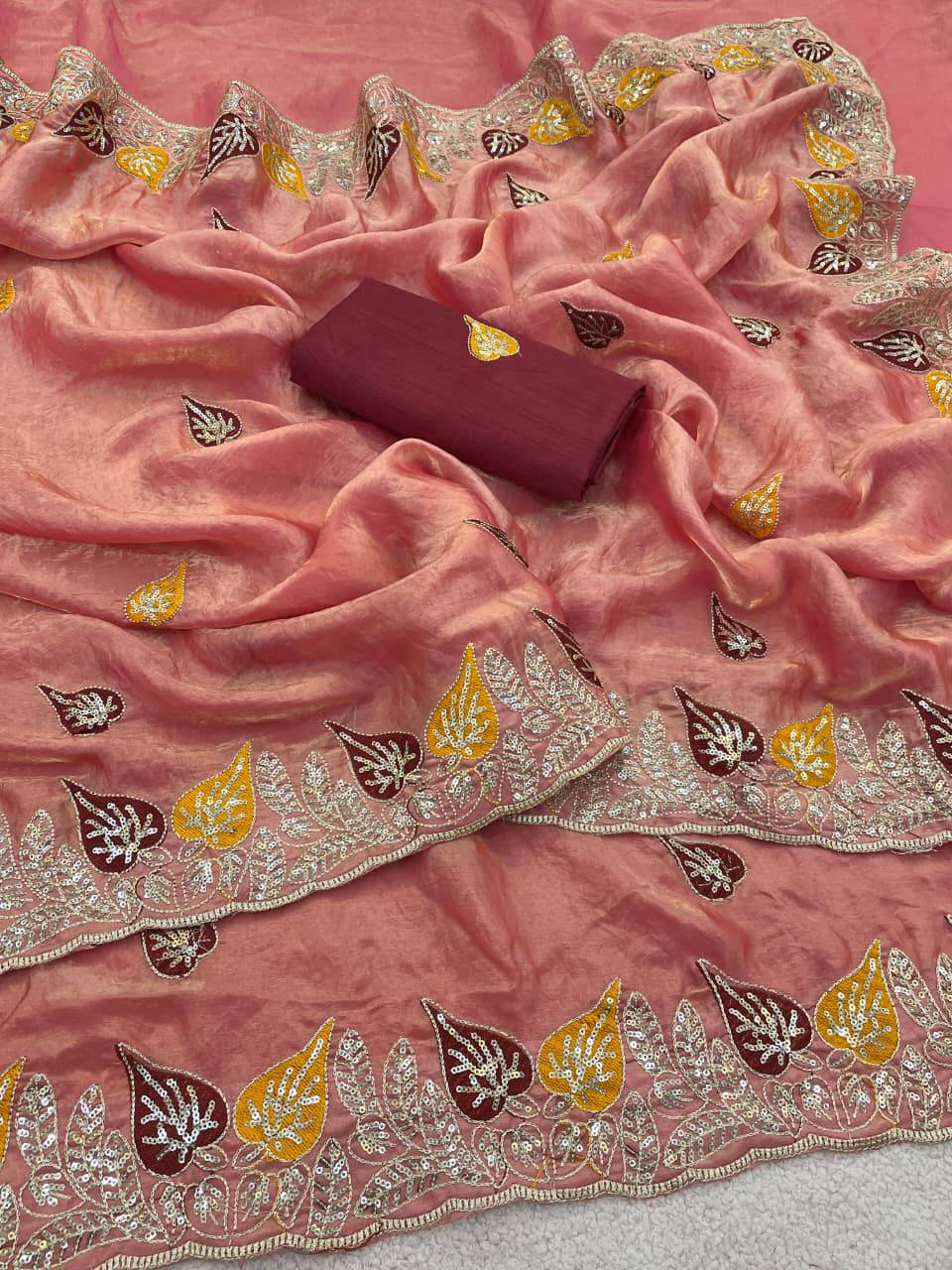 Peach Pure Fancy Satin Saree with 3mm Sequence Leaf Motif & Multi Thread Work