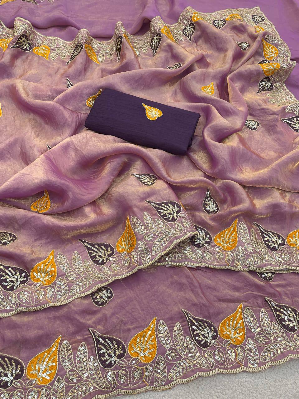 Mauve Pure Fancy Satin Saree with 3mm Sequence Leaf Motif & Multi Thread Work