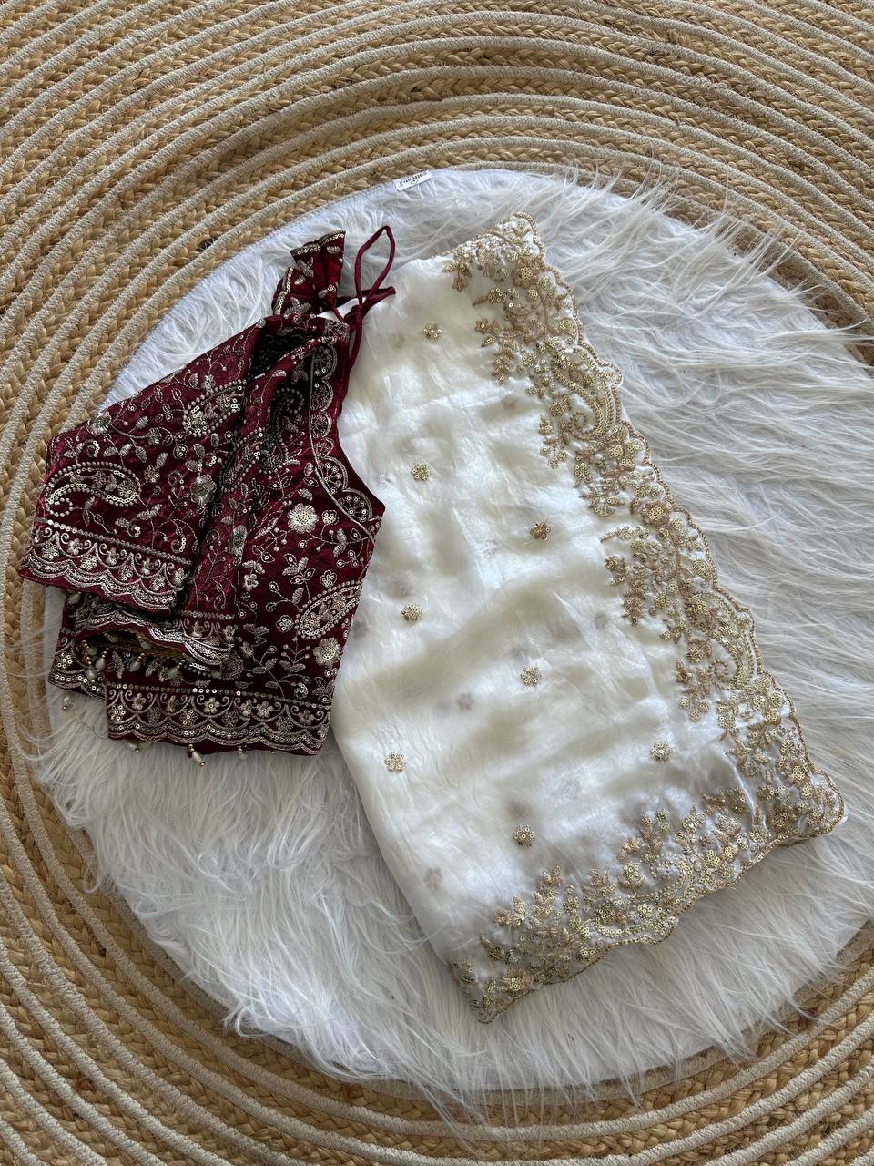 White Pure Soft Fandy Satin Silk Saree with Sequence Embroidery & Paisley Multi Border Aarco Work