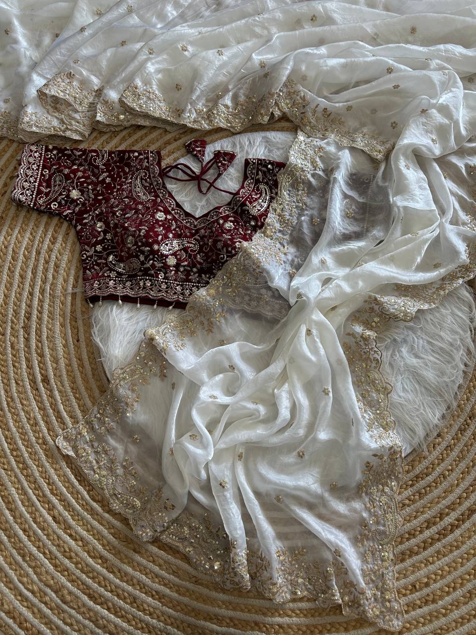 White Pure Soft Fandy Satin Silk Saree with Sequence Embroidery & Paisley Multi Border Aarco Work