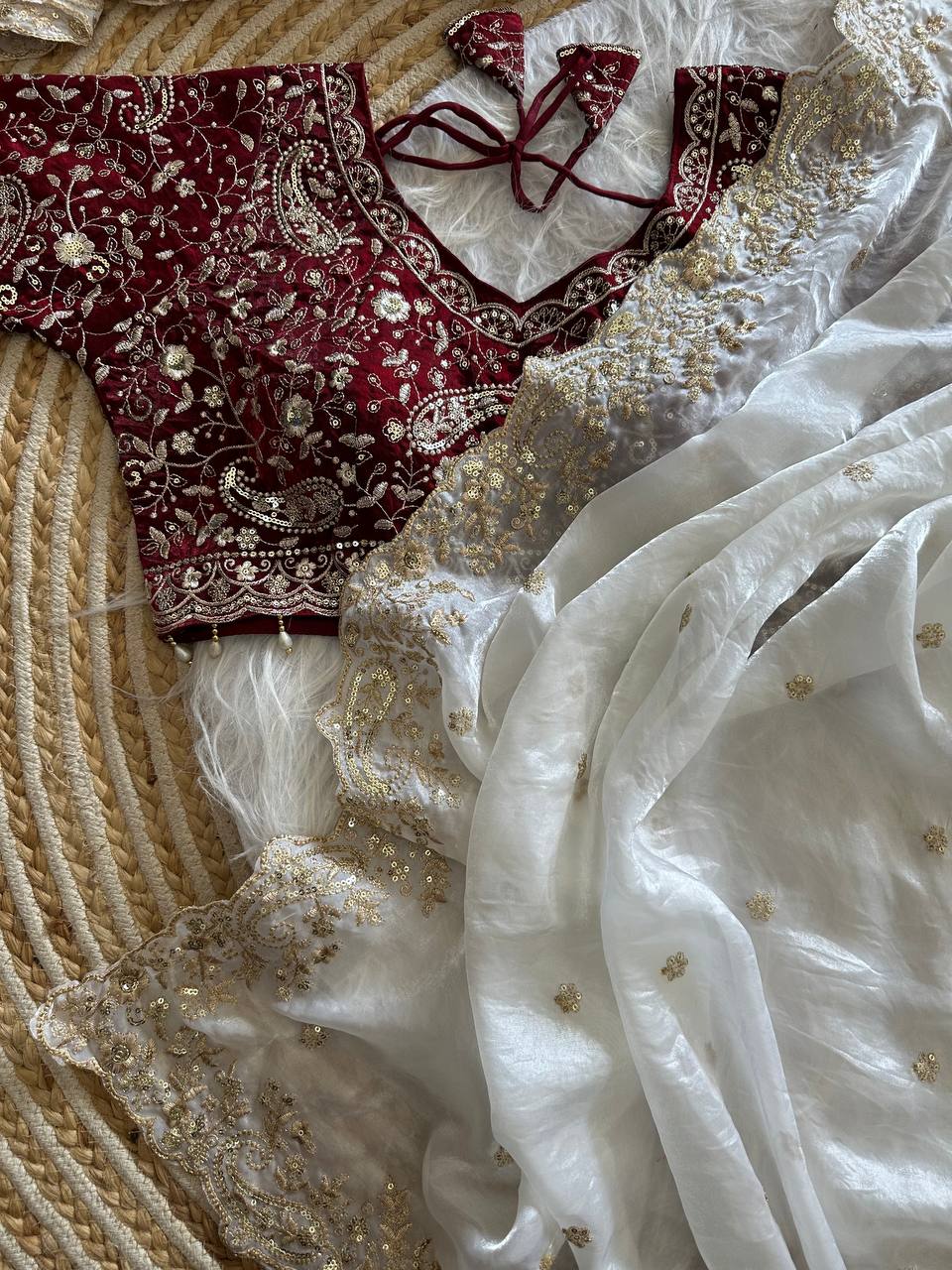 White Pure Soft Fandy Satin Silk Saree with Sequence Embroidery & Paisley Multi Border Aarco Work