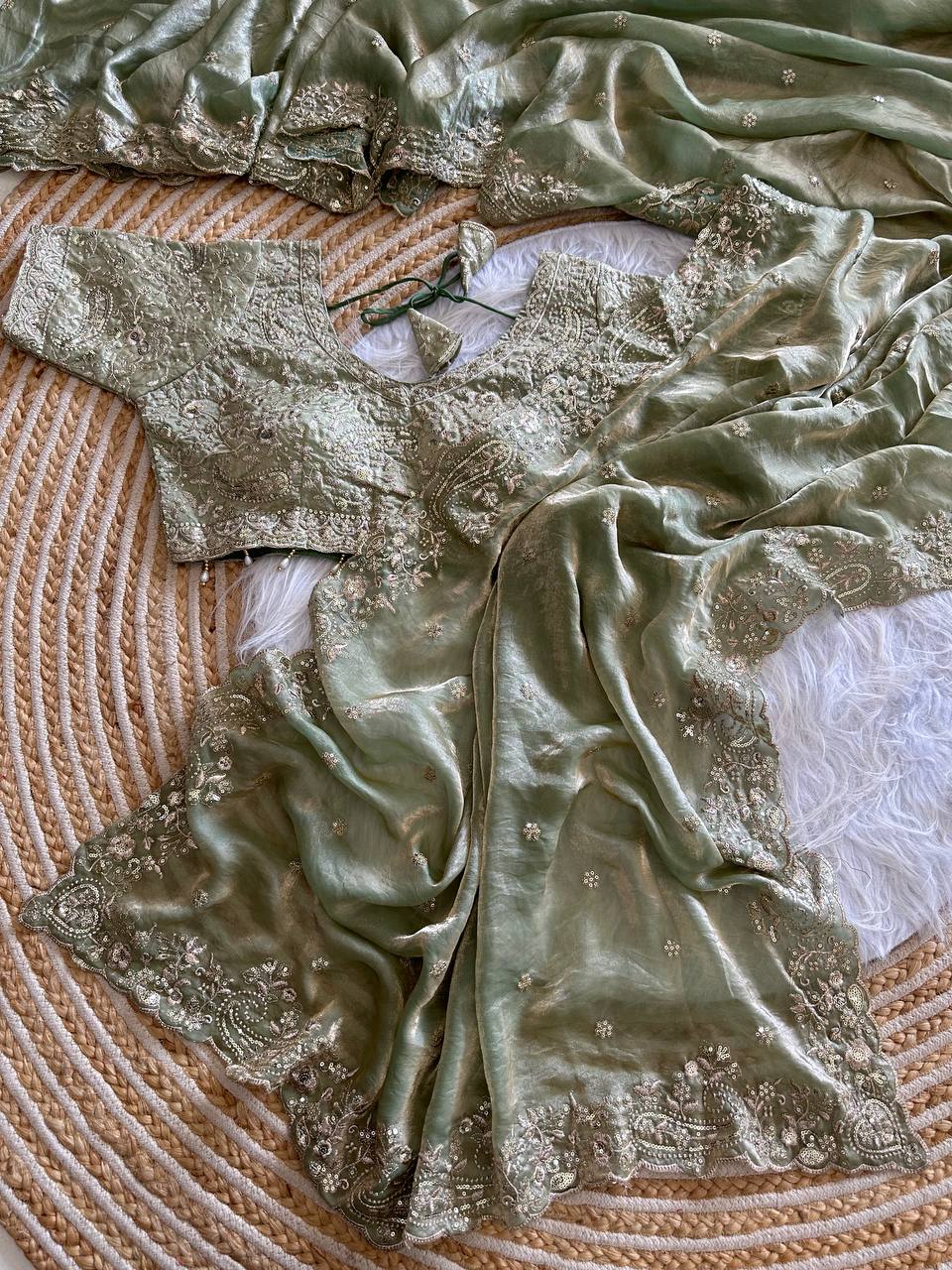 Sage Green Pure Soft Fandy Satin Silk Saree with Sequence Embroidery & Paisley Multi Border Aarco Work