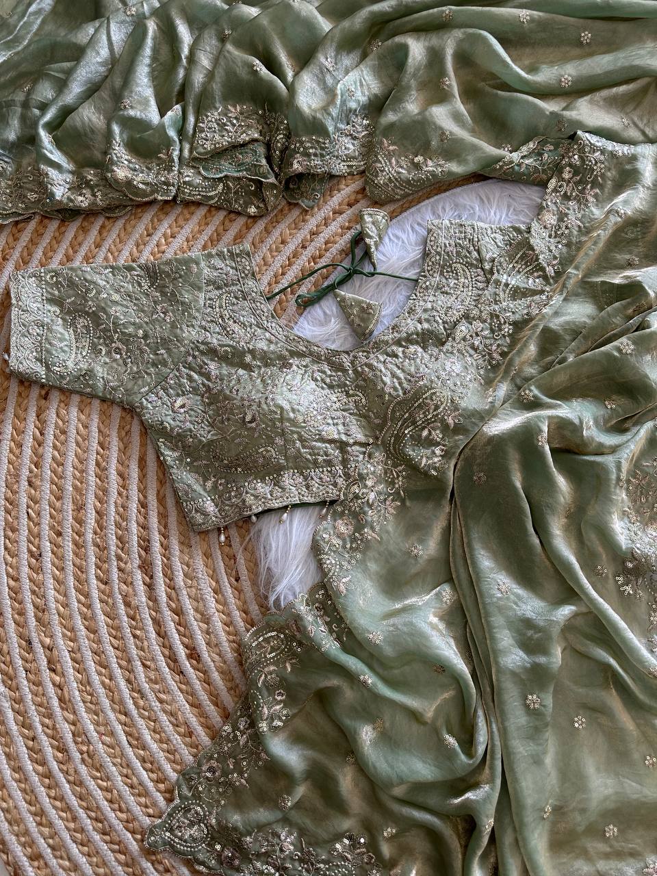 Sage Green Pure Soft Fandy Satin Silk Saree with Sequence Embroidery & Paisley Multi Border Aarco Work