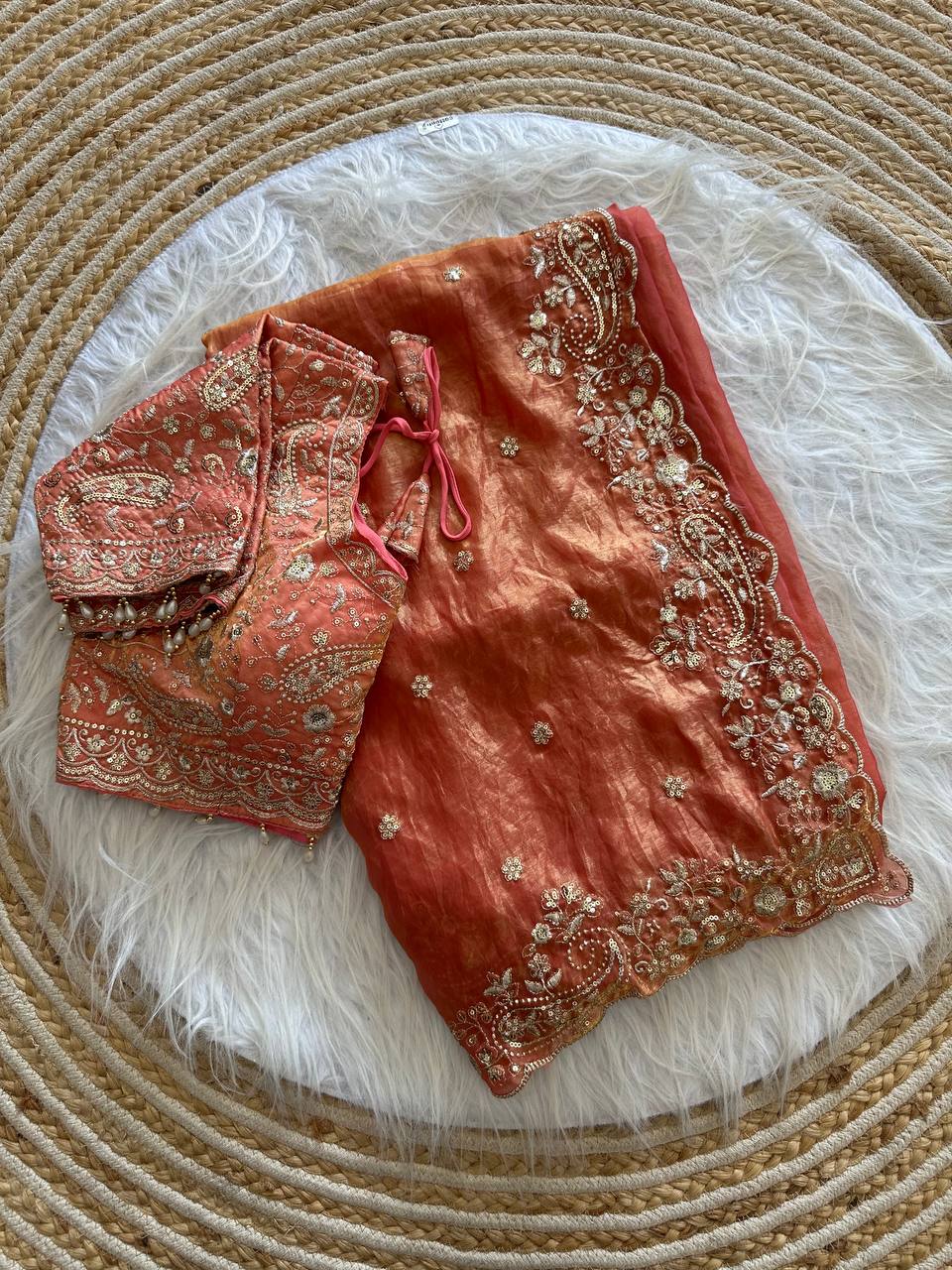 Peach Pure Soft Fandy Satin Silk Saree with Sequence Embroidery & Paisley Multi Border Aarco Work