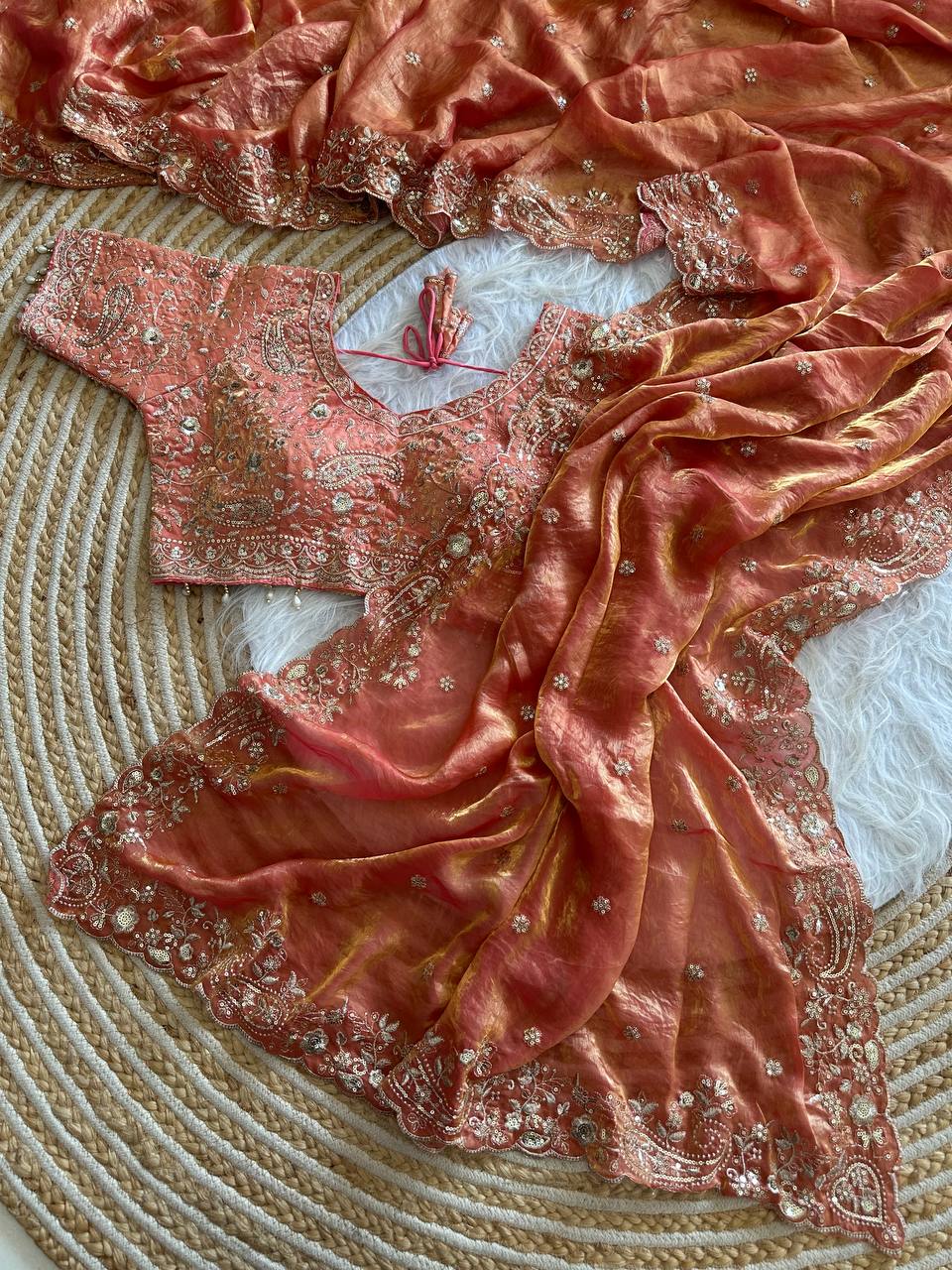 Peach Pure Soft Fandy Satin Silk Saree with Sequence Embroidery & Paisley Multi Border Aarco Work