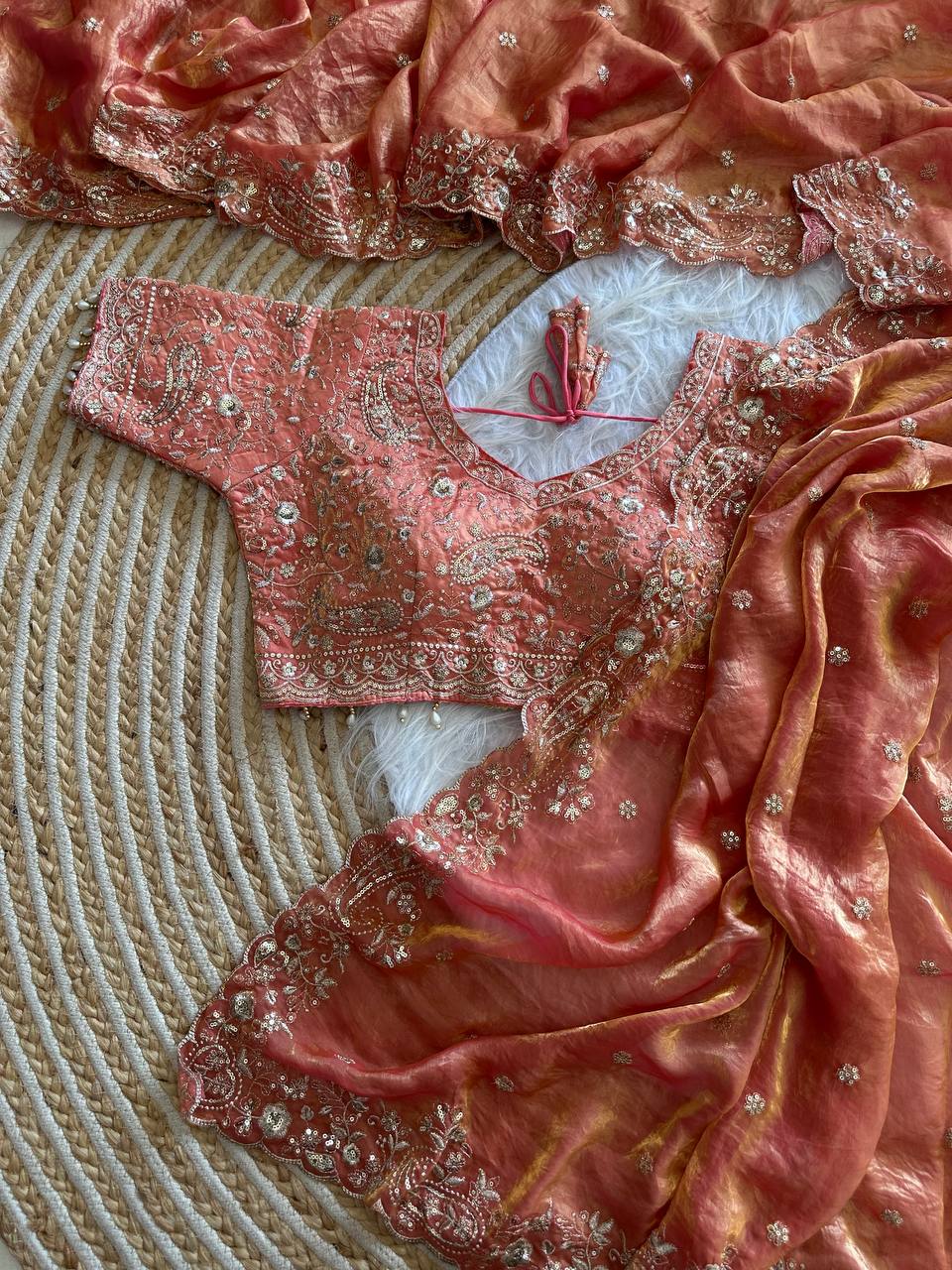 Peach Pure Soft Fandy Satin Silk Saree with Sequence Embroidery & Paisley Multi Border Aarco Work