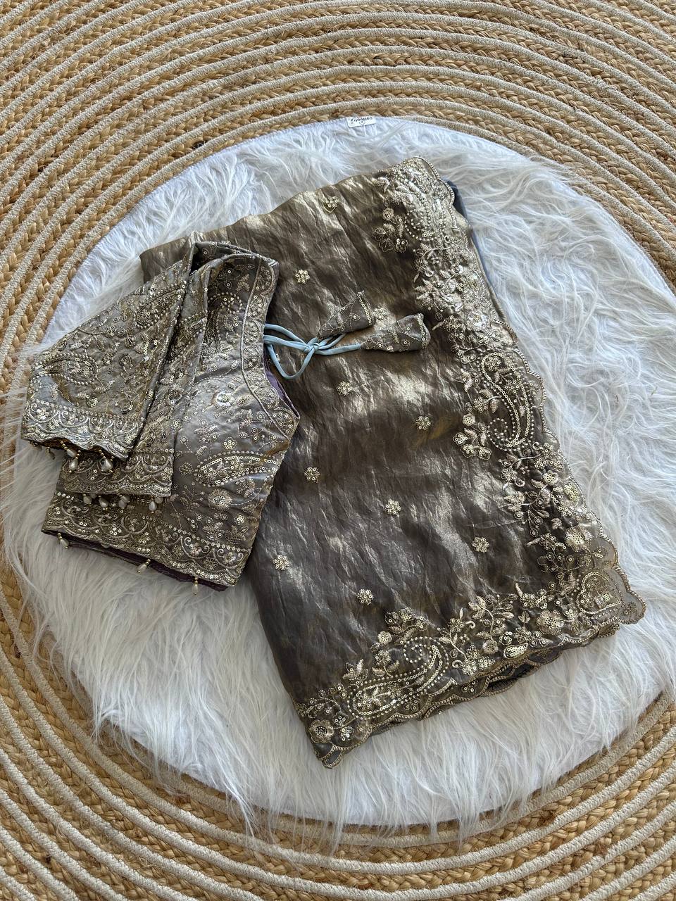 Silver Grey Pure Soft Fandy Satin Silk Saree with Sequence Embroidery & Paisley Multi Border Aarco Work