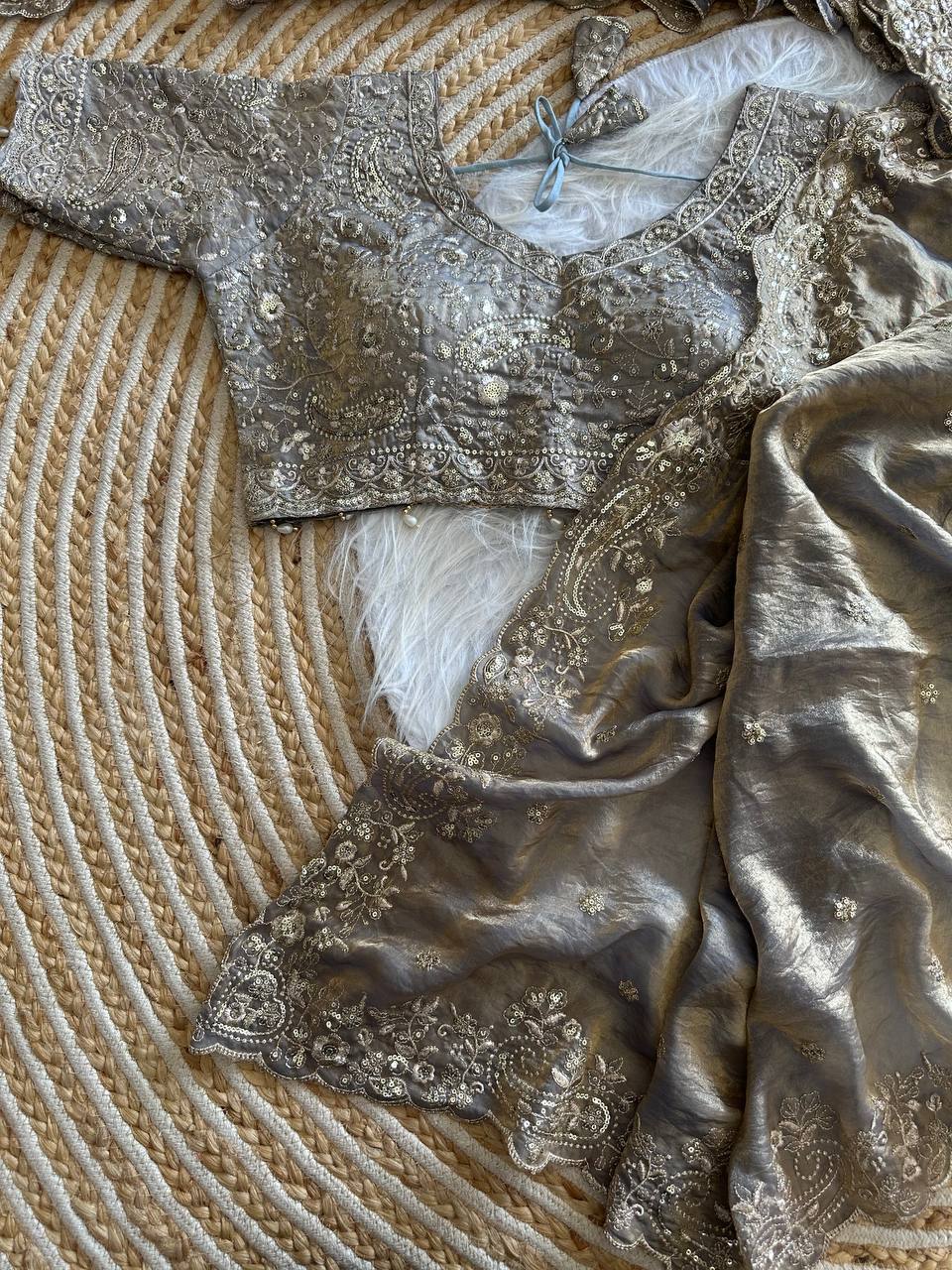 Silver Grey Pure Soft Fandy Satin Silk Saree with Sequence Embroidery & Paisley Multi Border Aarco Work
