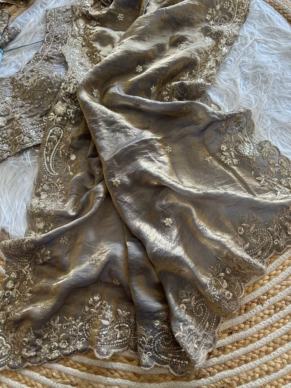 Silver Grey Pure Soft Fandy Satin Silk Saree with Sequence Embroidery & Paisley Multi Border Aarco Work