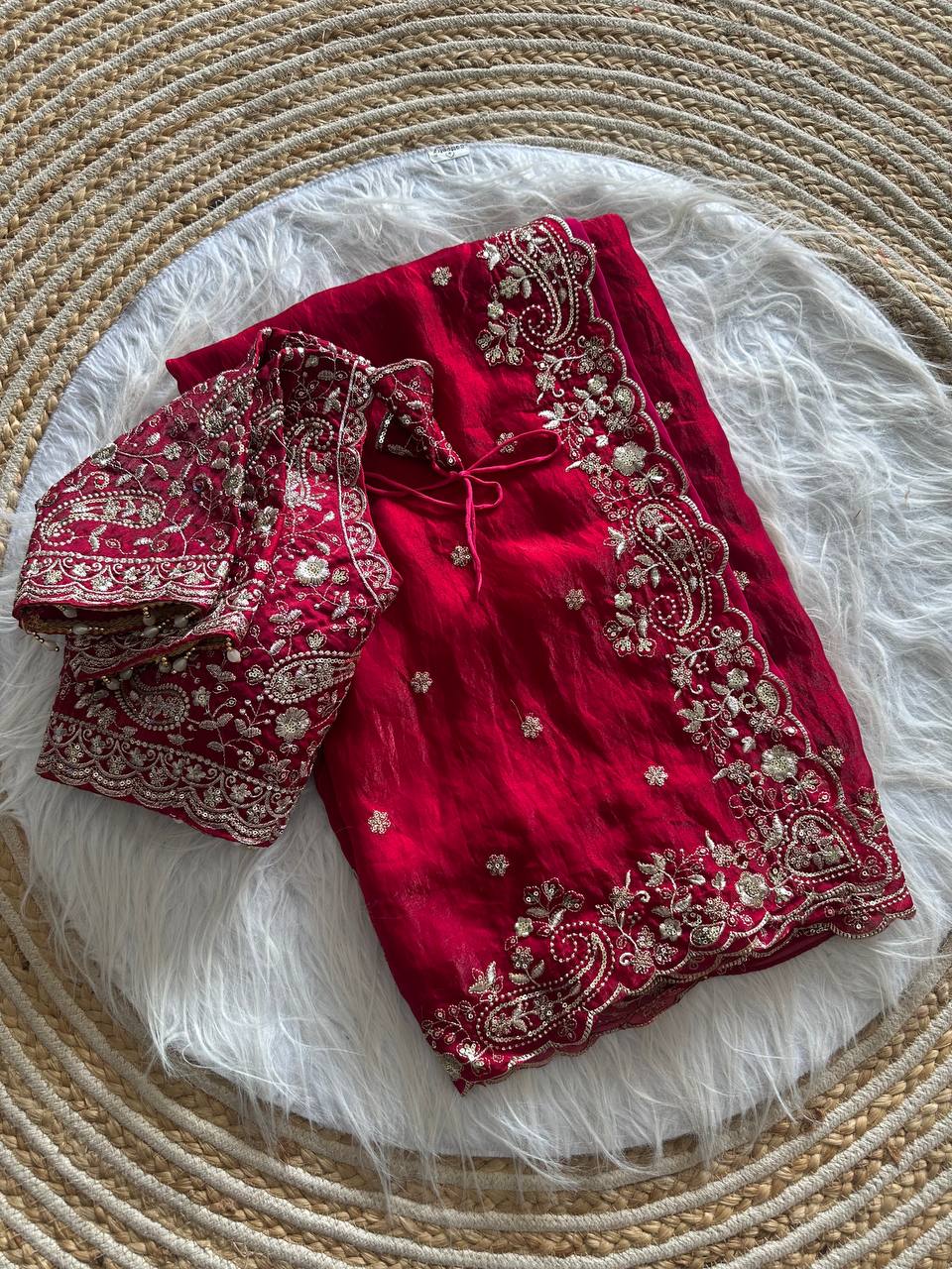 Red Pure Soft Fandy Satin Silk Saree with Sequence Embroidery & Paisley Multi Border Aarco Work
