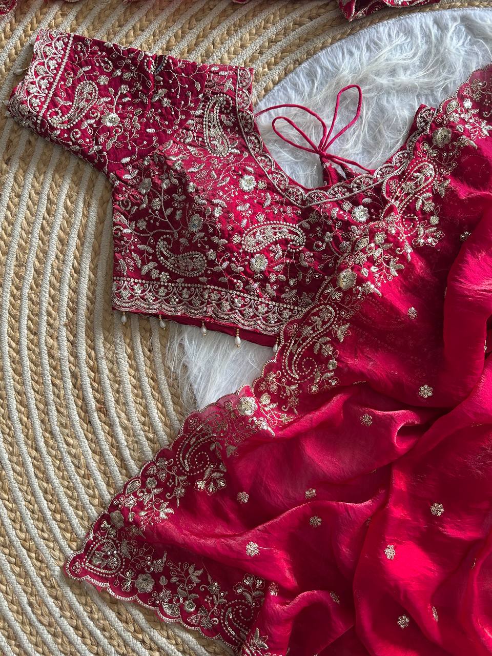 Red Pure Soft Fandy Satin Silk Saree with Sequence Embroidery & Paisley Multi Border Aarco Work