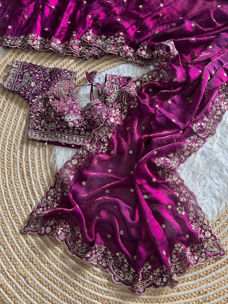 Magenta Pure Soft Fandy Satin Silk Saree with Sequence Embroidery & Paisley Multi Border Aarco Work