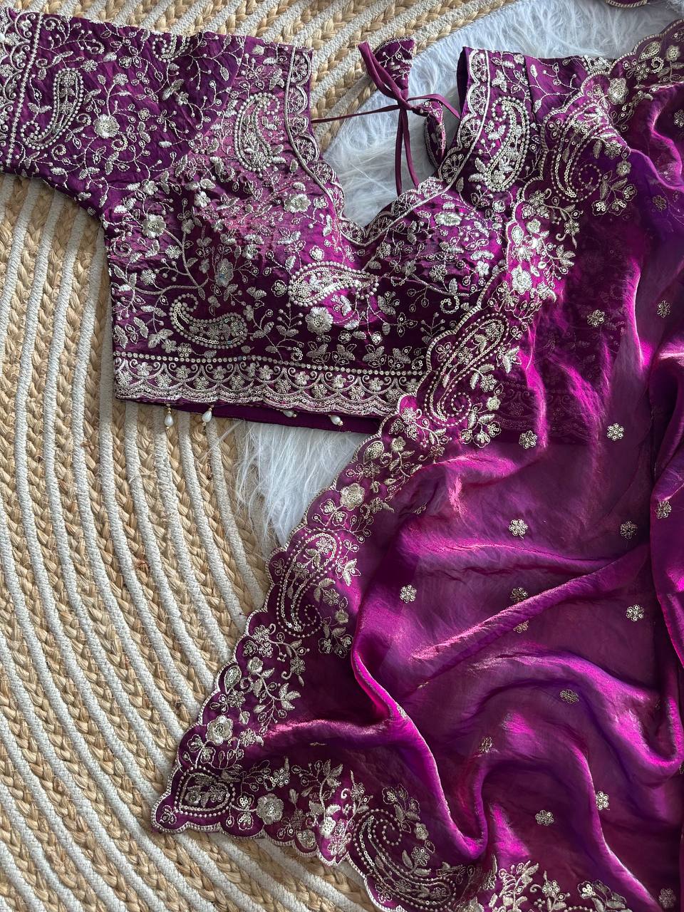 Magenta Pure Soft Fandy Satin Silk Saree with Sequence Embroidery & Paisley Multi Border Aarco Work