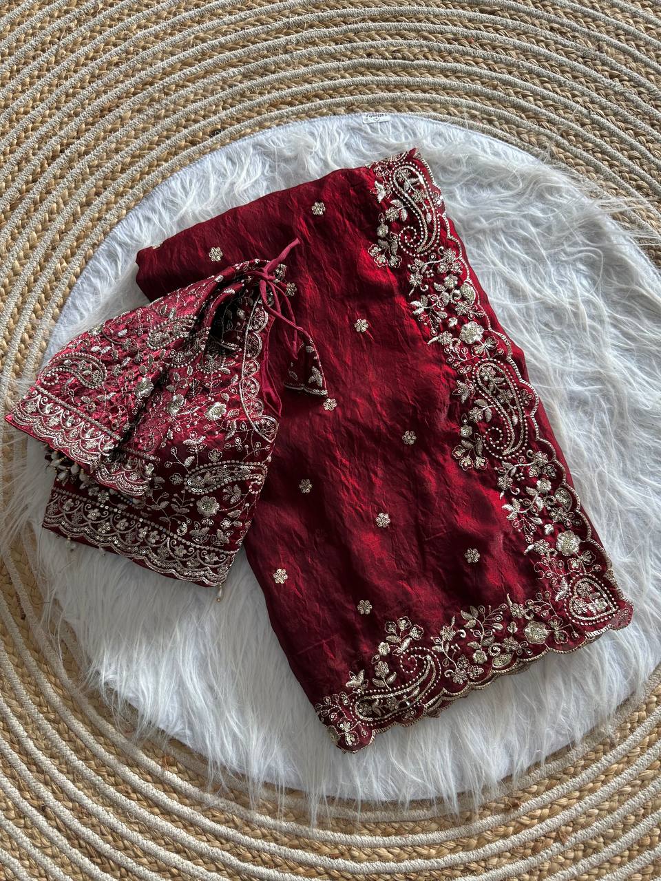 Maroon Pure Soft Fandy Satin Silk Saree with Sequence Embroidery & Paisley Multi Border Aarco Work