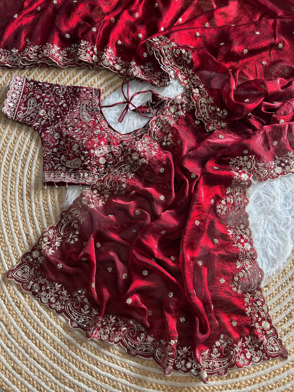 Maroon Pure Soft Fandy Satin Silk Saree with Sequence Embroidery & Paisley Multi Border Aarco Work