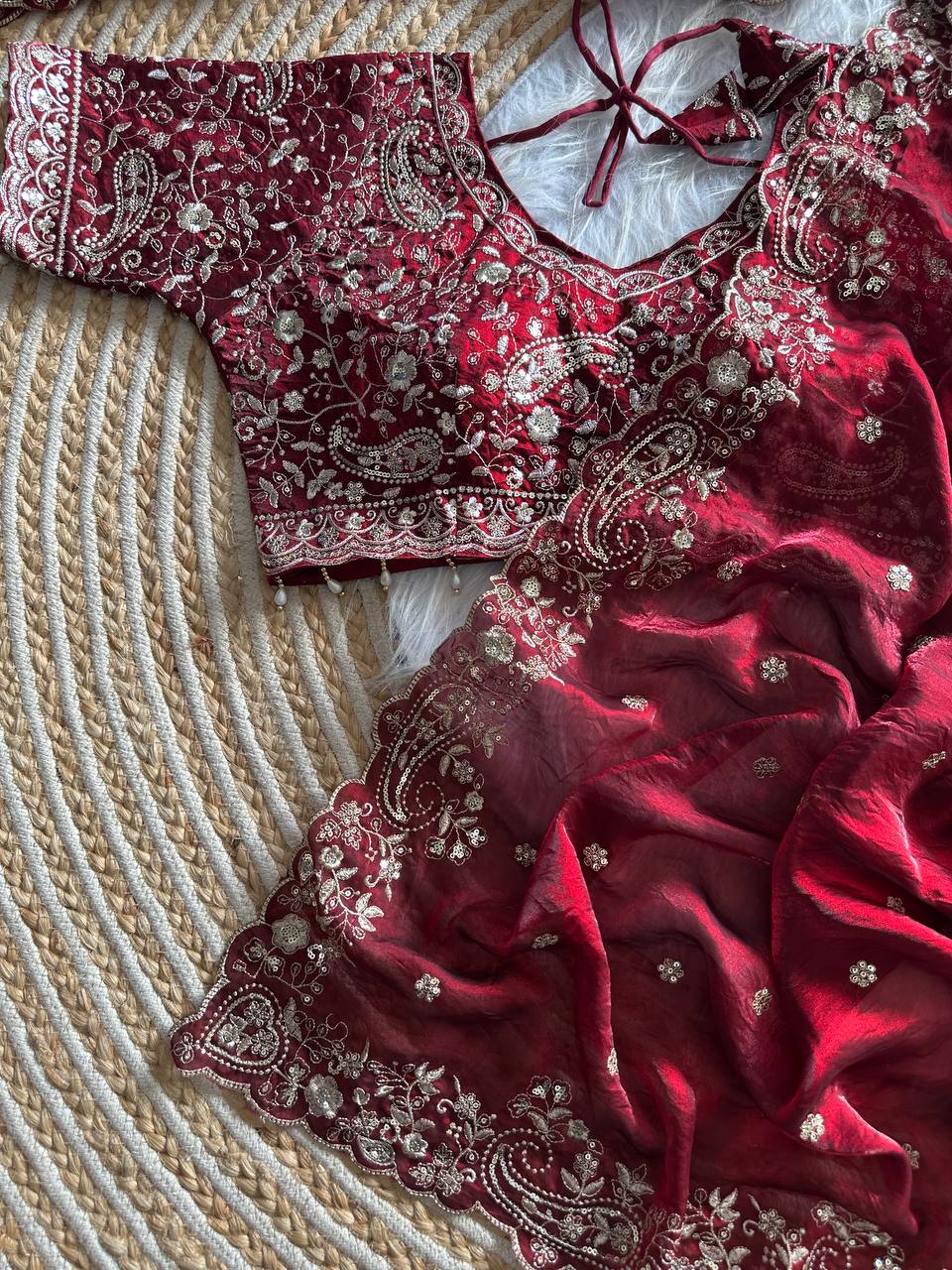 Maroon Pure Soft Fandy Satin Silk Saree with Sequence Embroidery & Paisley Multi Border Aarco Work