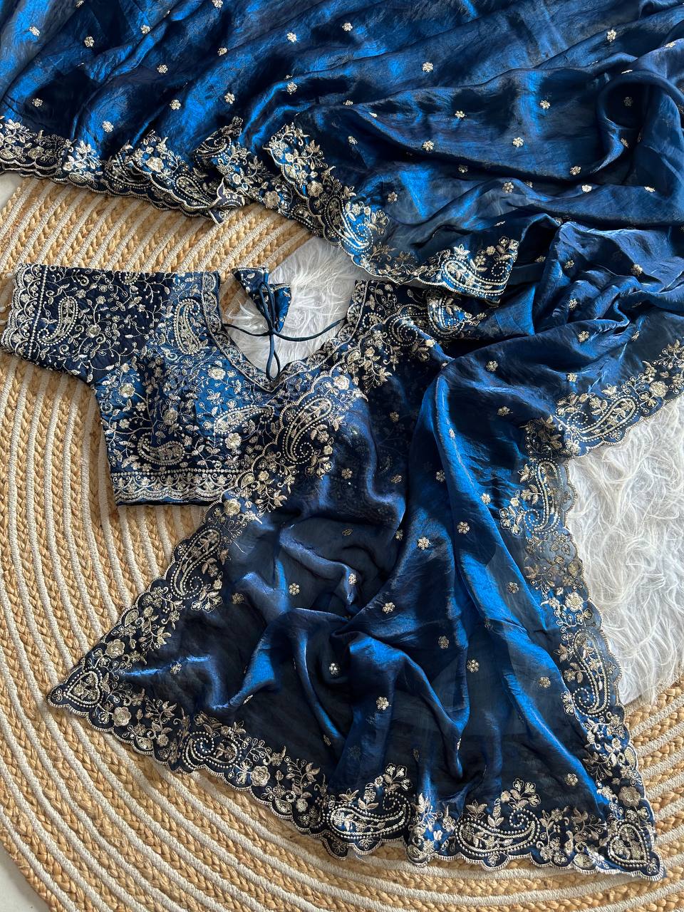 Navy Blue Pure Soft Fandy Satin Silk Saree with Sequence Embroidery & Paisley Multi Border Aarco Work