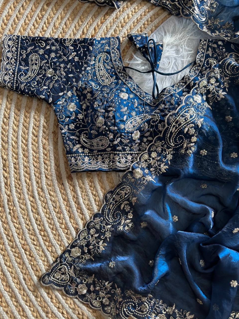 Navy Blue Pure Soft Fandy Satin Silk Saree with Sequence Embroidery & Paisley Multi Border Aarco Work