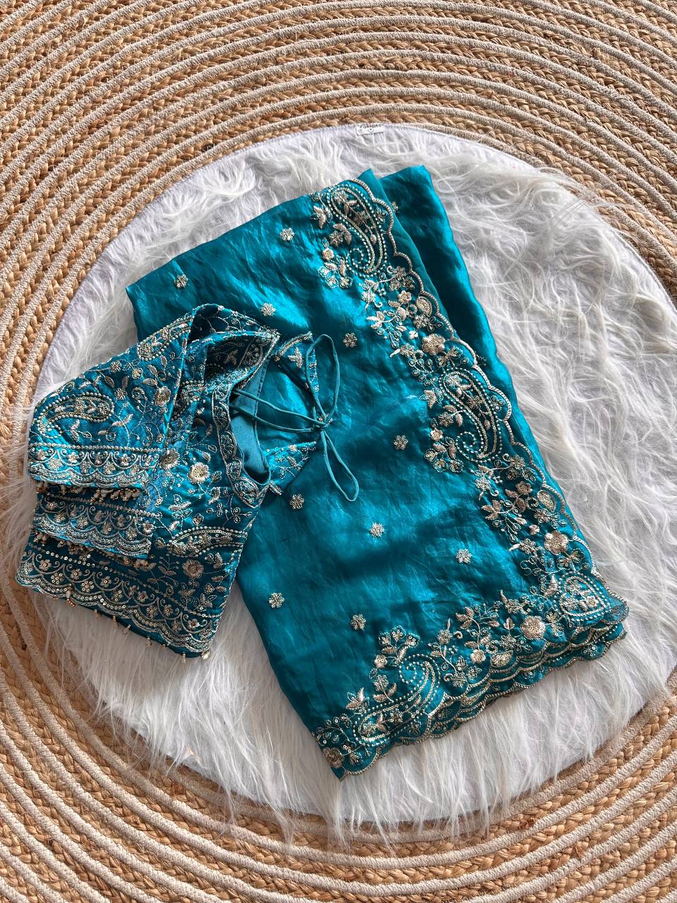 Turquoise Pure Soft Fandy Satin Silk Saree with Sequence Embroidery & Paisley Multi Border Aarco Work
