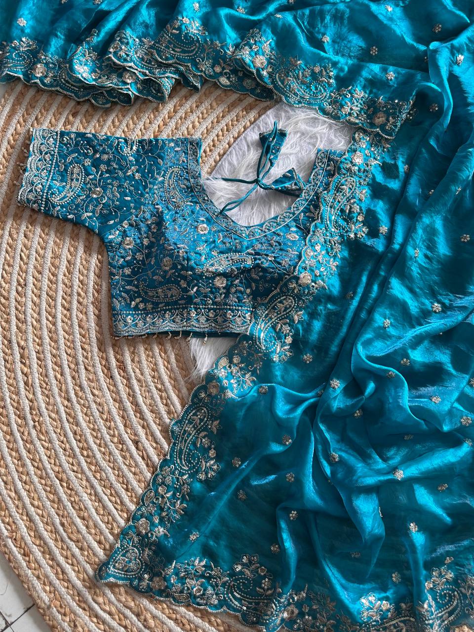 Turquoise Pure Soft Fandy Satin Silk Saree with Sequence Embroidery & Paisley Multi Border Aarco Work