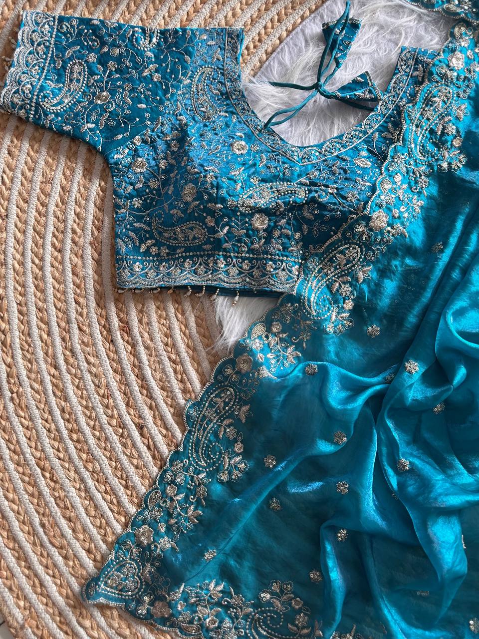Turquoise Pure Soft Fandy Satin Silk Saree with Sequence Embroidery & Paisley Multi Border Aarco Work