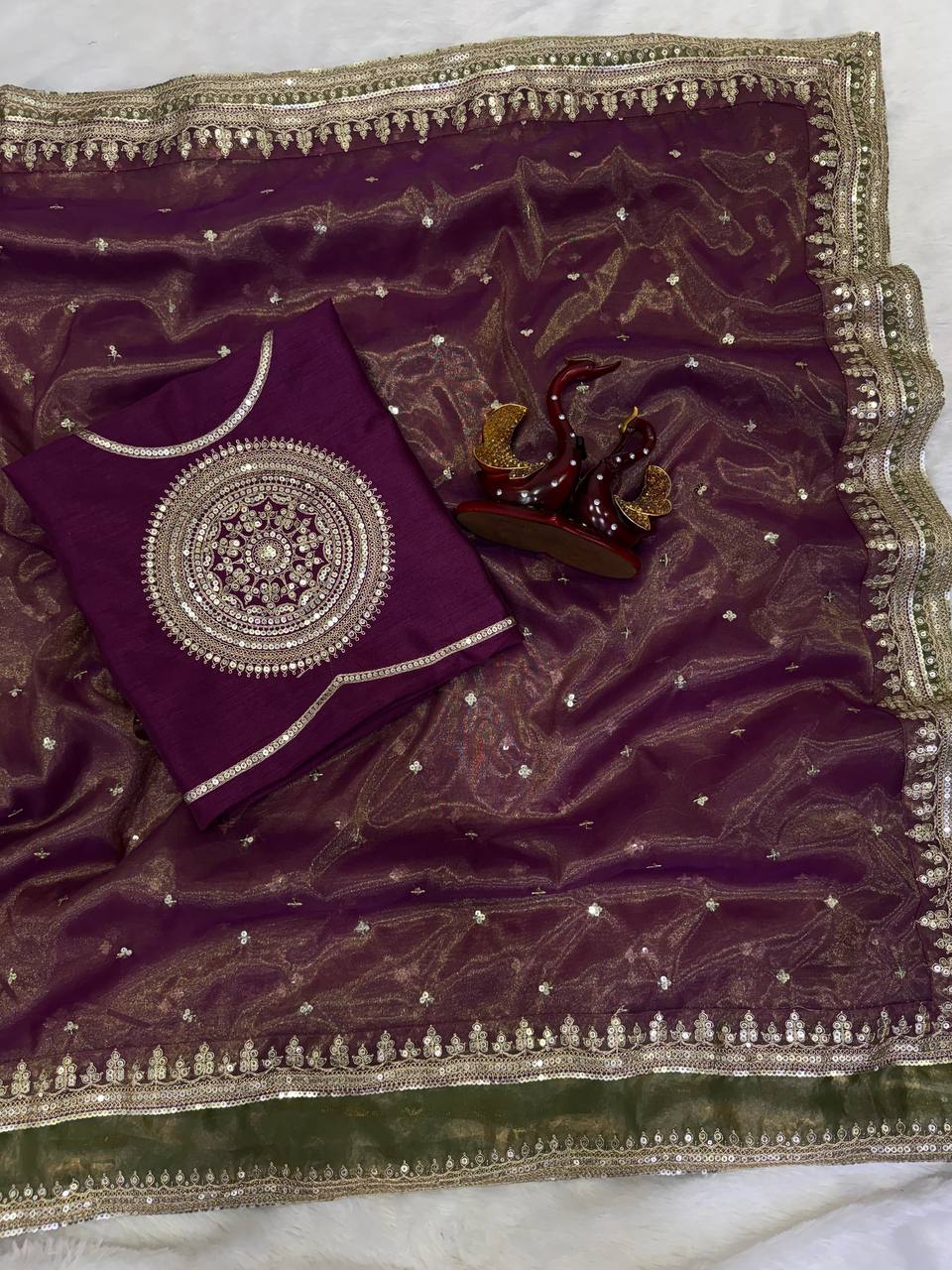 Designer Mulberry Wine NC Twill Saree With Embroidery Work