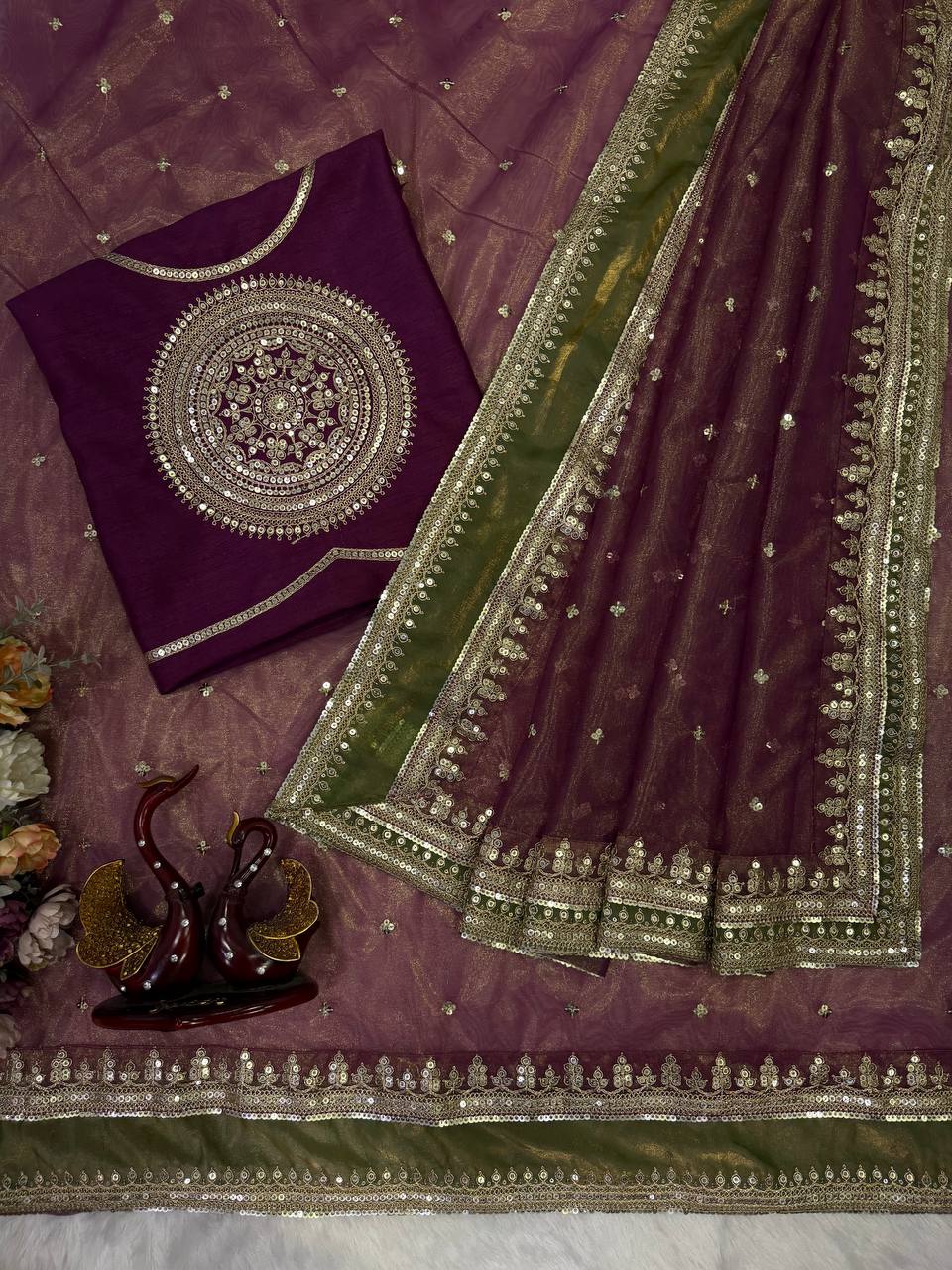 Designer Mulberry Wine NC Twill Saree With Embroidery Work