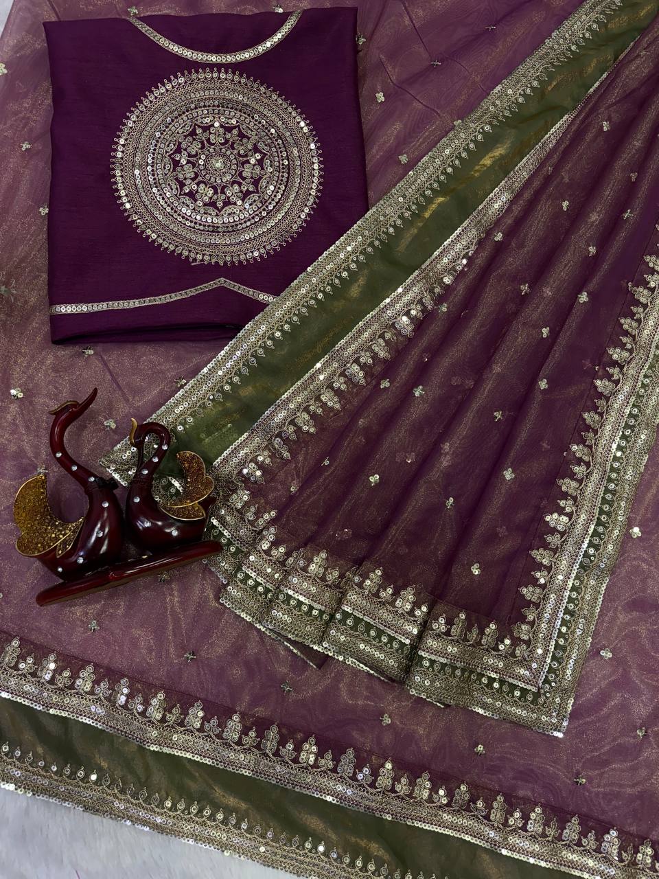 Designer Mulberry Wine NC Twill Saree With Embroidery Work