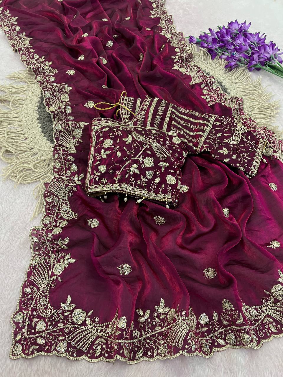 Wine Purple Pure Fancy Satin Silk Saree with Zari Sequin Embroidery Cutwork Border & Stitched Blouse