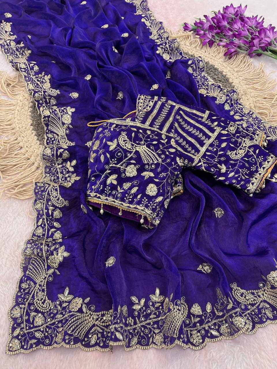 Royal Blue Pure Fancy Satin Silk Saree with Zari Sequin Embroidery Cutwork Border & Stitched Blouse