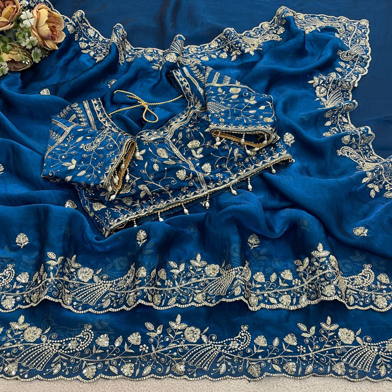 Teal Blue Pure Fancy Satin Silk Saree with Zari Sequin Embroidery Cutwork Border & Stitched Blouse