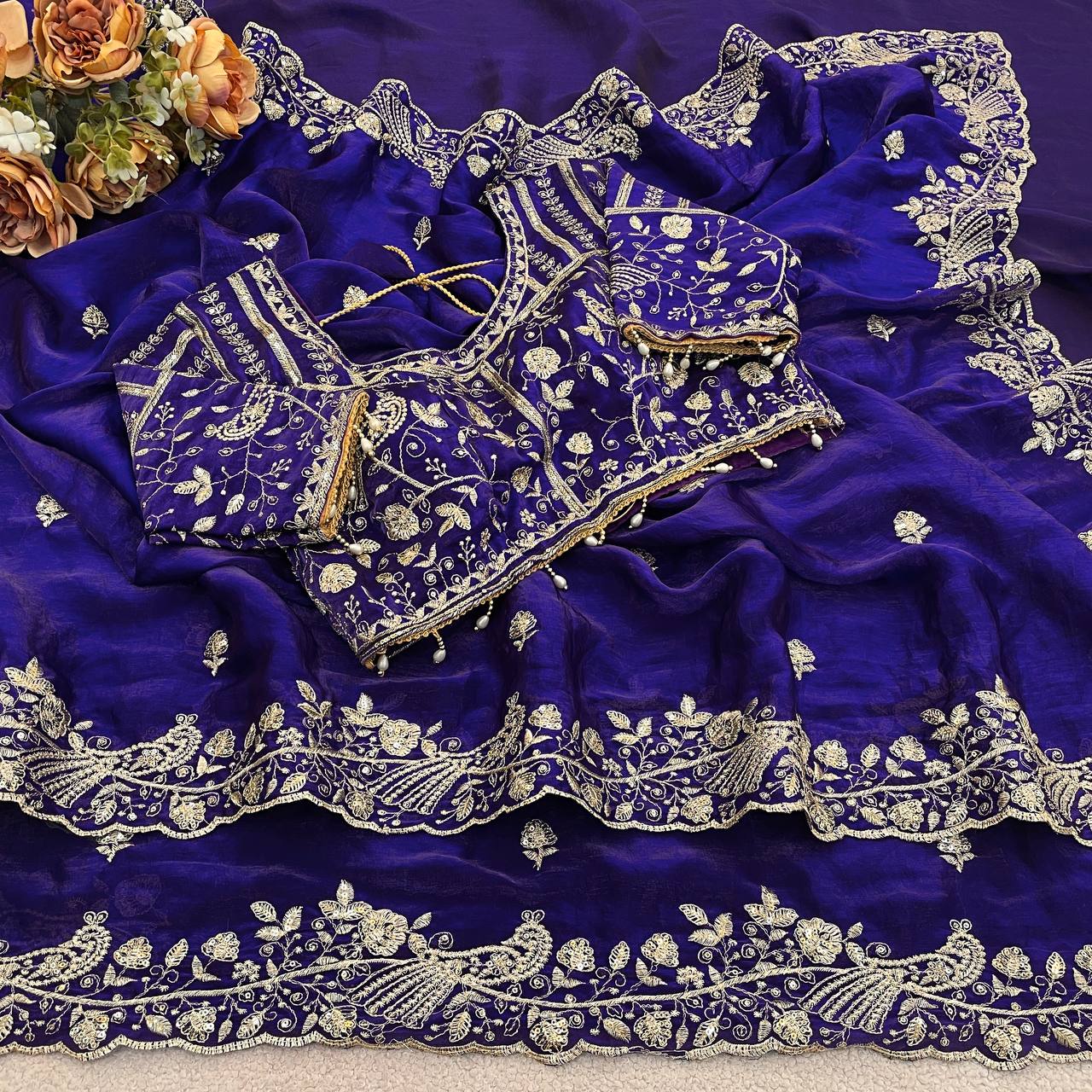 Royal Blue Pure Fancy Satin Silk Saree with Zari Sequin Embroidery Cutwork Border & Stitched Blouse