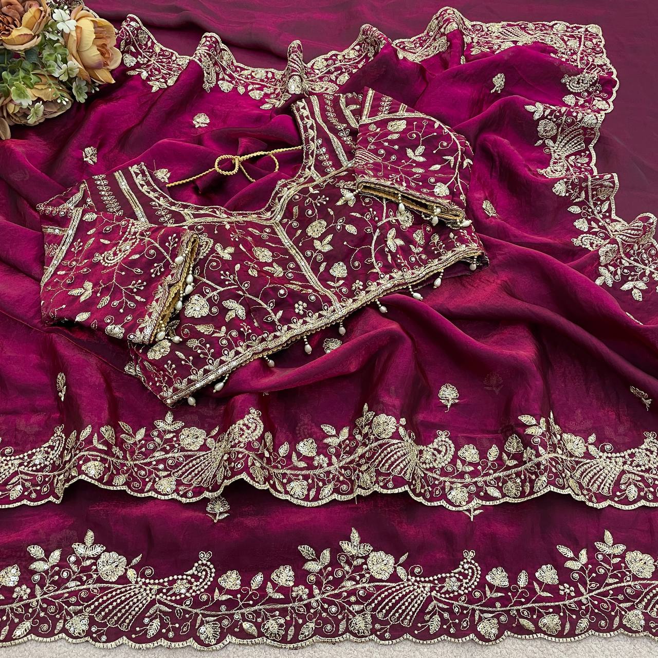 Wine Purple Pure Fancy Satin Silk Saree with Zari Sequin Embroidery Cutwork Border & Stitched Blouse