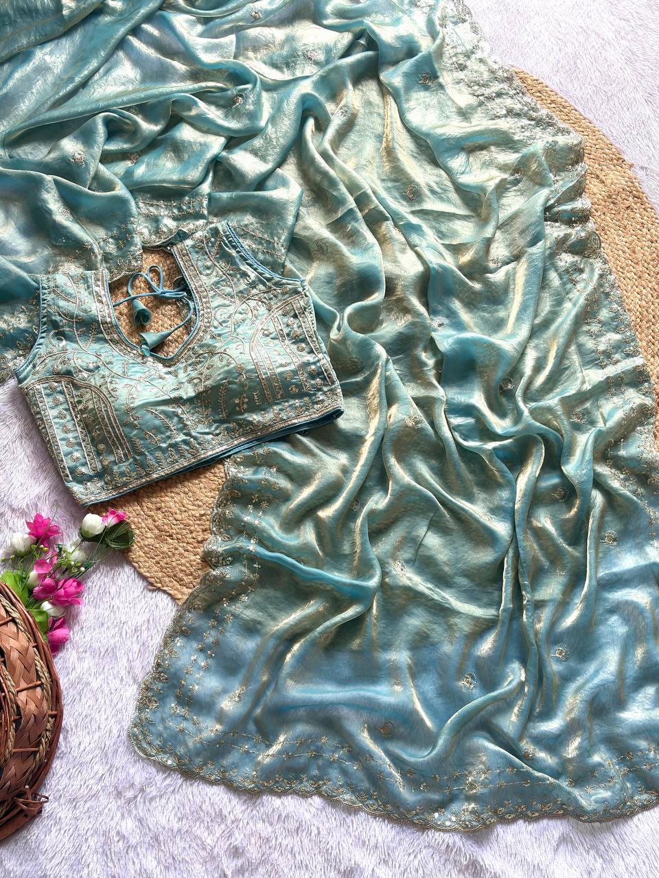 Dusty Blue Pure Soft Fandy Satin Silk Saree with Sequence Embroidery & Multi Border Aarco Work