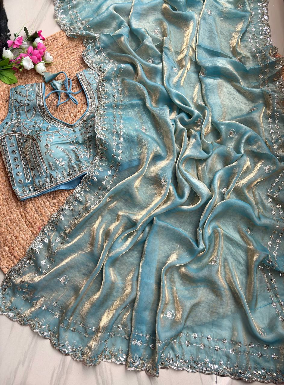 Dusty Blue Pure Soft Fandy Satin Silk Saree with Sequence Embroidery & Multi Border Aarco Work