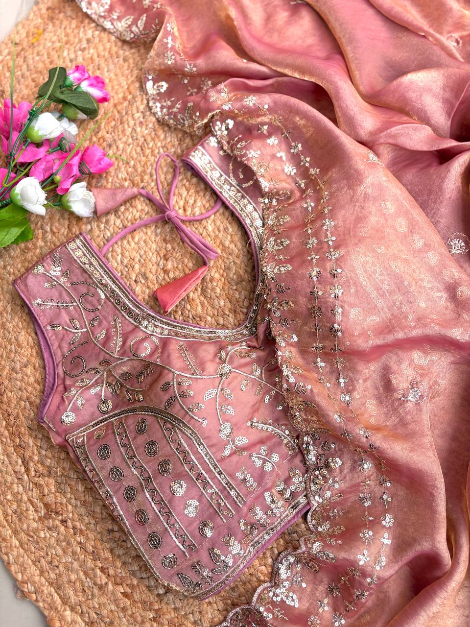 Dusty Pink Pure Soft Fandy Satin Silk Saree with Sequence Embroidery & Multi Border Aarco Work