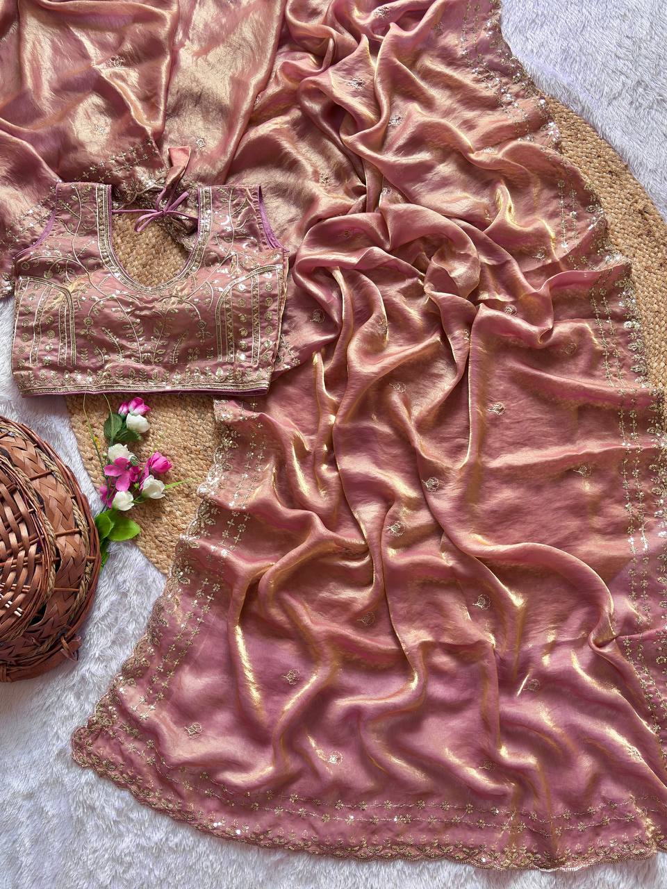 Dusty Pink Pure Soft Fandy Satin Silk Saree with Sequence Embroidery & Multi Border Aarco Work