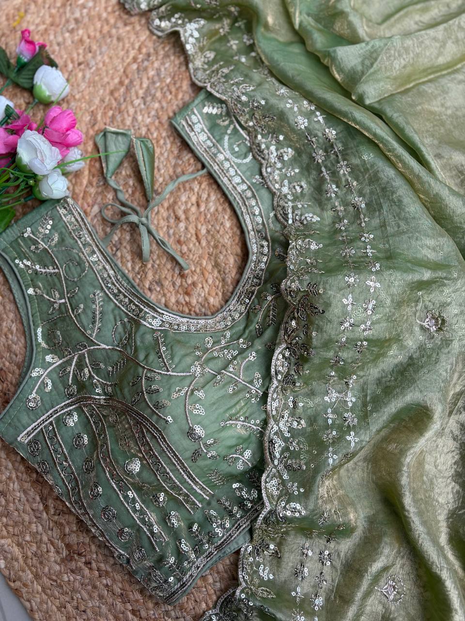 Sage Green Pure Soft Fandy Satin Silk Saree with Sequence Embroidery & Multi Border Aarco Work