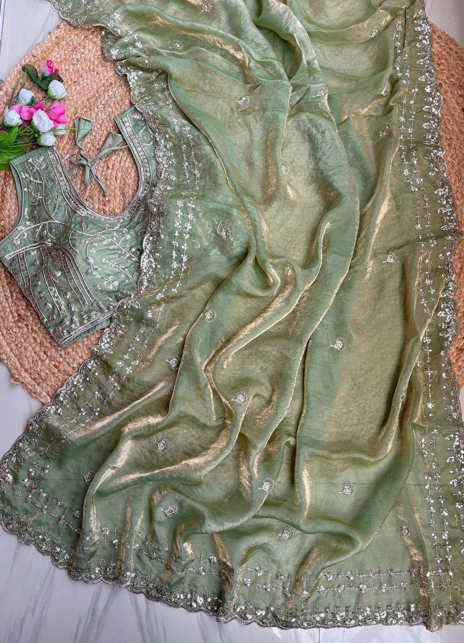 Sage Green Pure Soft Fandy Satin Silk Saree with Sequence Embroidery & Multi Border Aarco Work