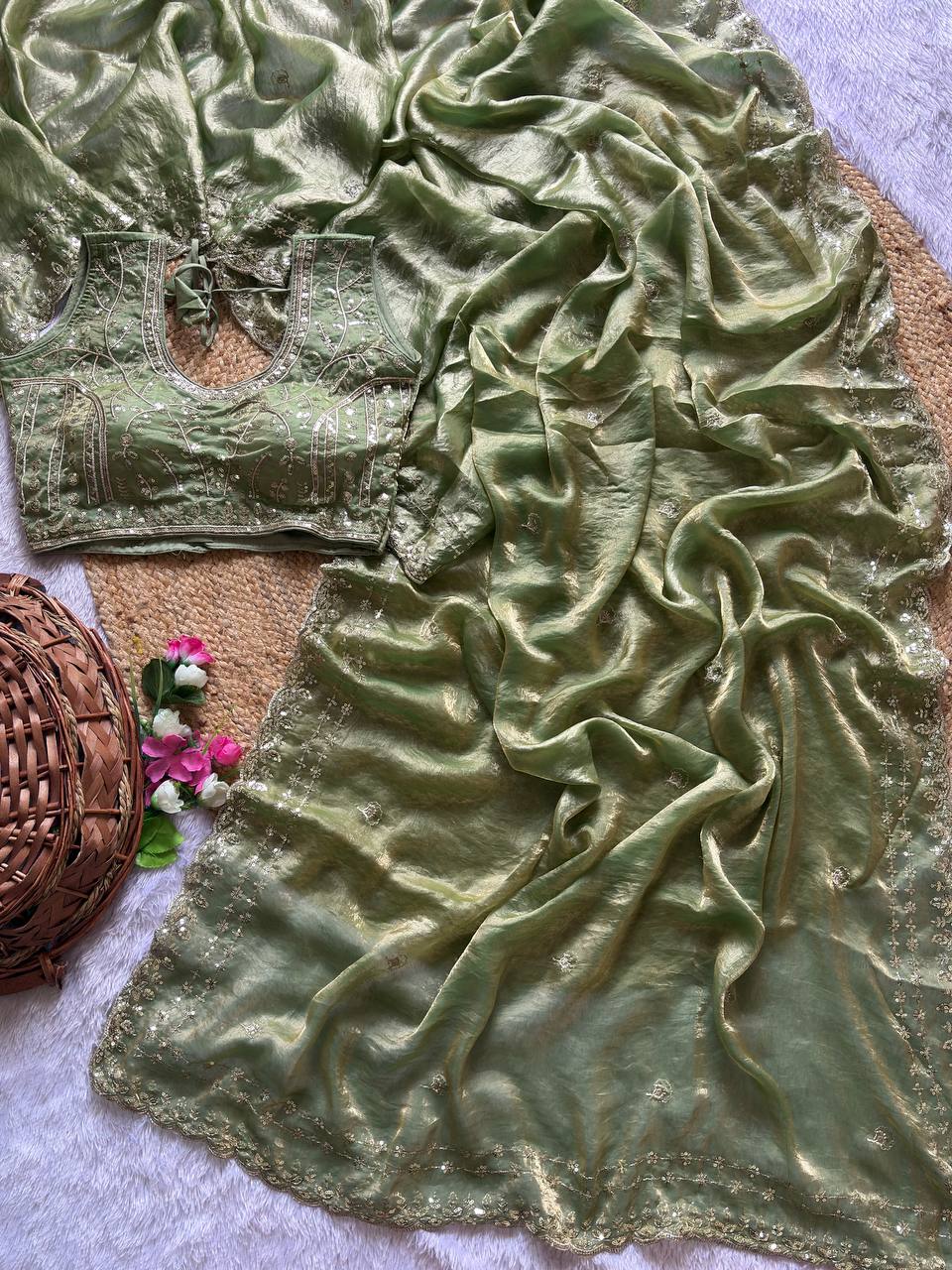 Sage Green Pure Soft Fandy Satin Silk Saree with Sequence Embroidery & Multi Border Aarco Work