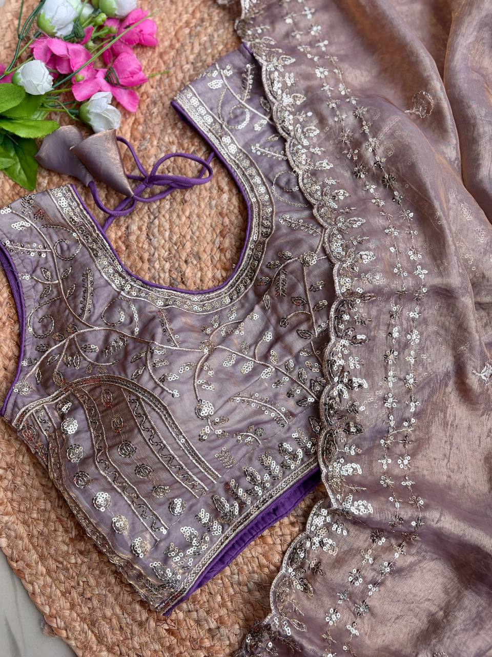 Mauve Grey Pure Soft Fandy Satin Silk Saree with Sequence Embroidery & Multi Border Aarco Work