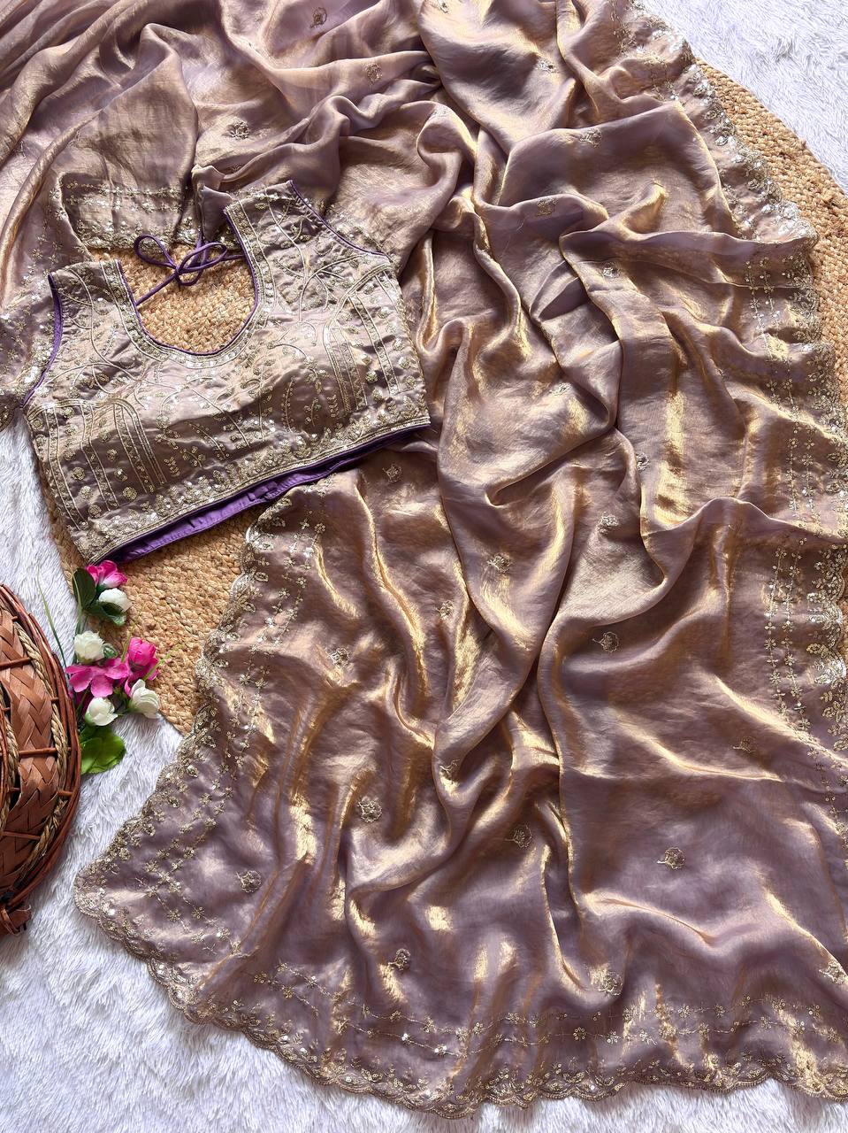 Mauve Grey Pure Soft Fandy Satin Silk Saree with Sequence Embroidery & Multi Border Aarco Work