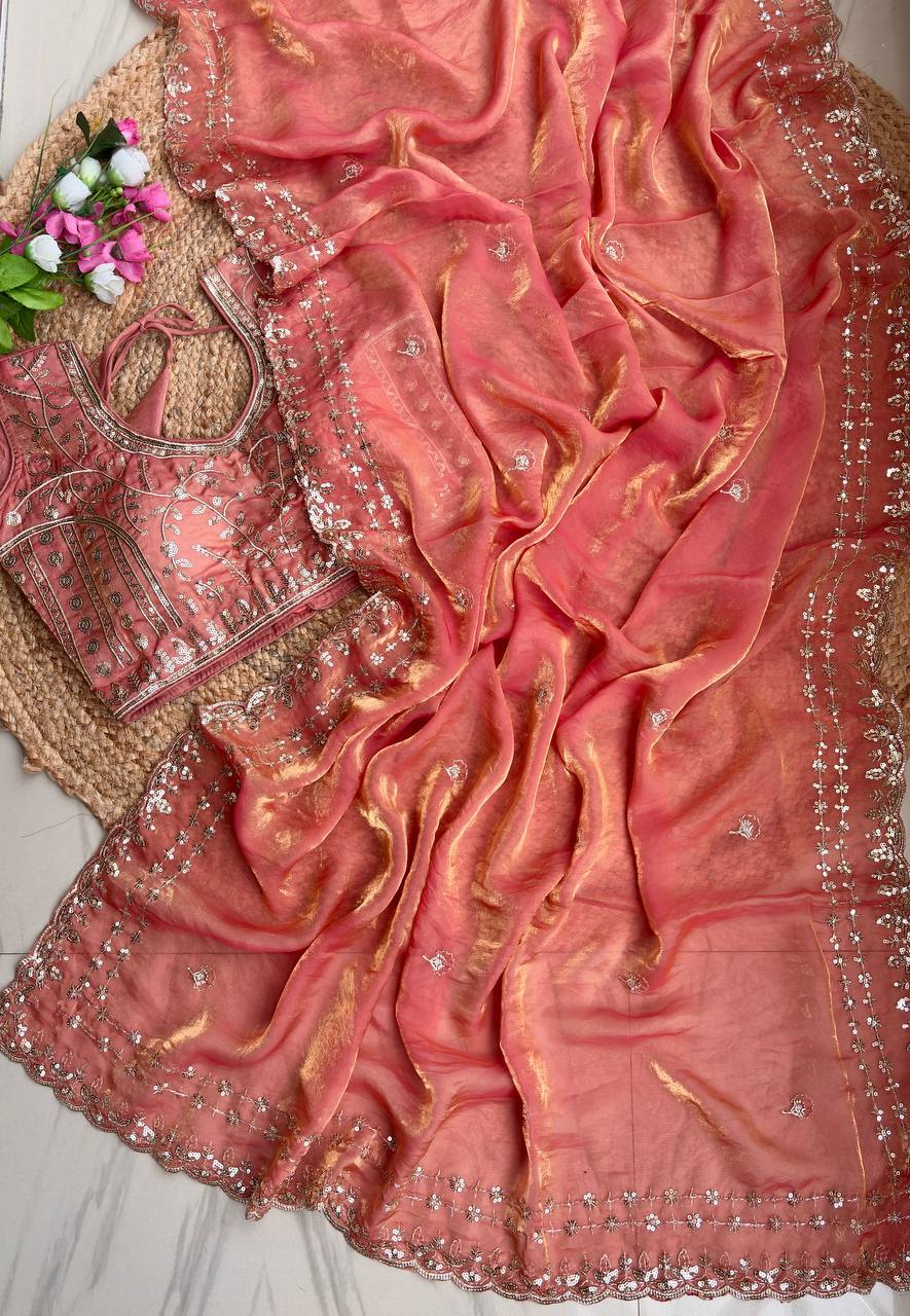 Rust Peach Pure Soft Fandy Satin Silk Saree with Sequence Embroidery & Multi Border Aarco Work