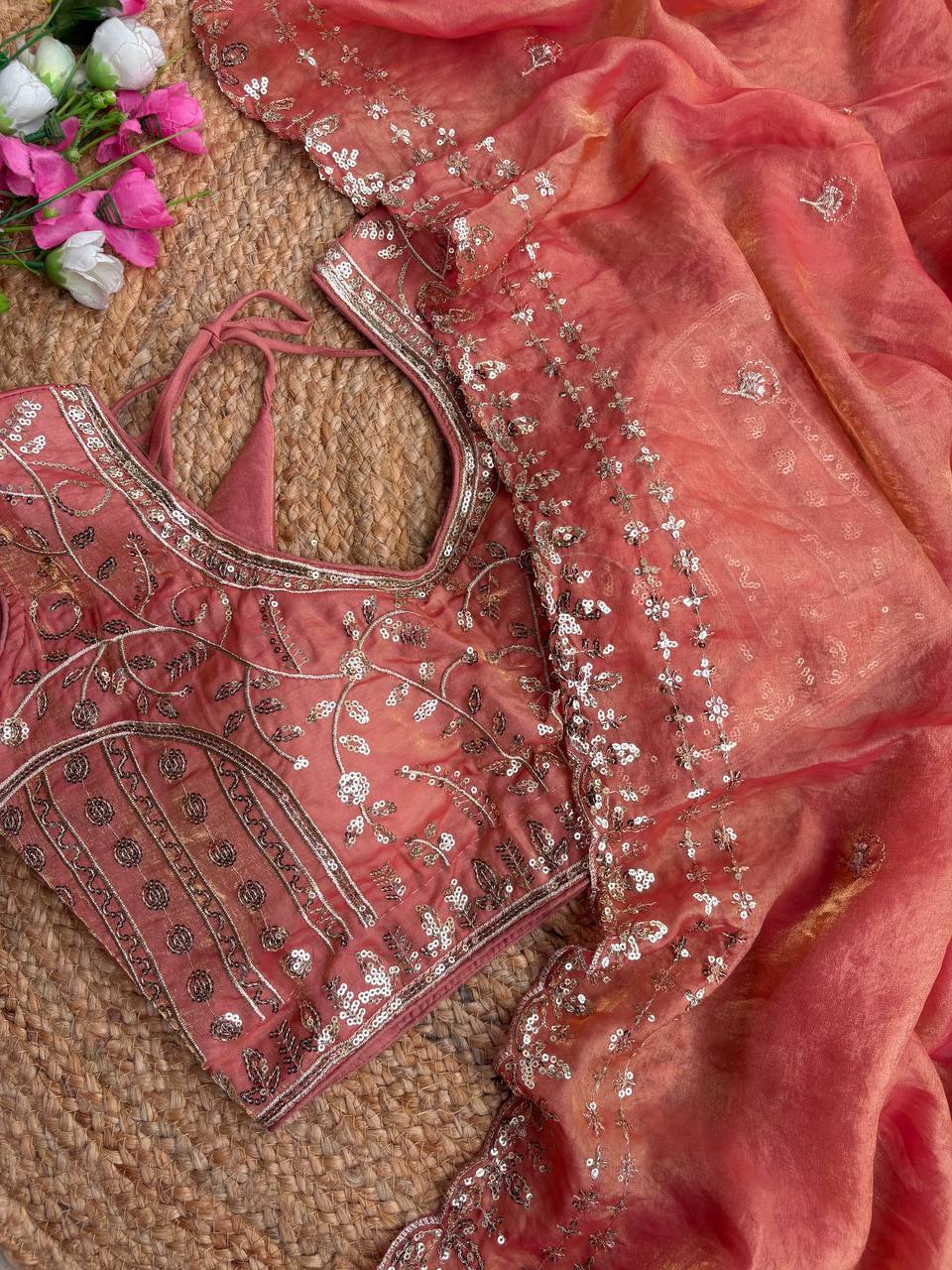 Rust Peach Pure Soft Fandy Satin Silk Saree with Sequence Embroidery & Multi Border Aarco Work