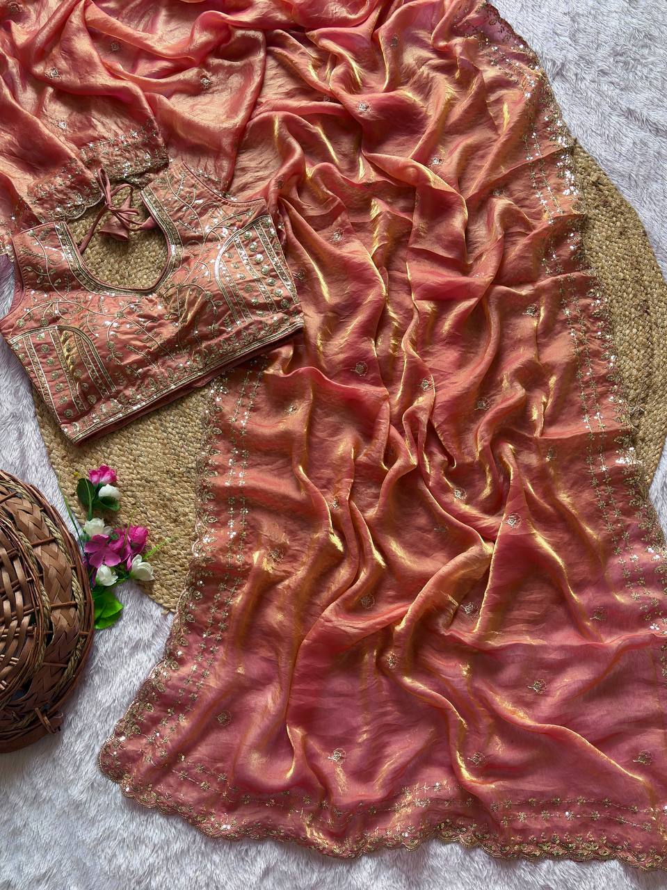 Rust Peach Pure Soft Fandy Satin Silk Saree with Sequence Embroidery & Multi Border Aarco Work